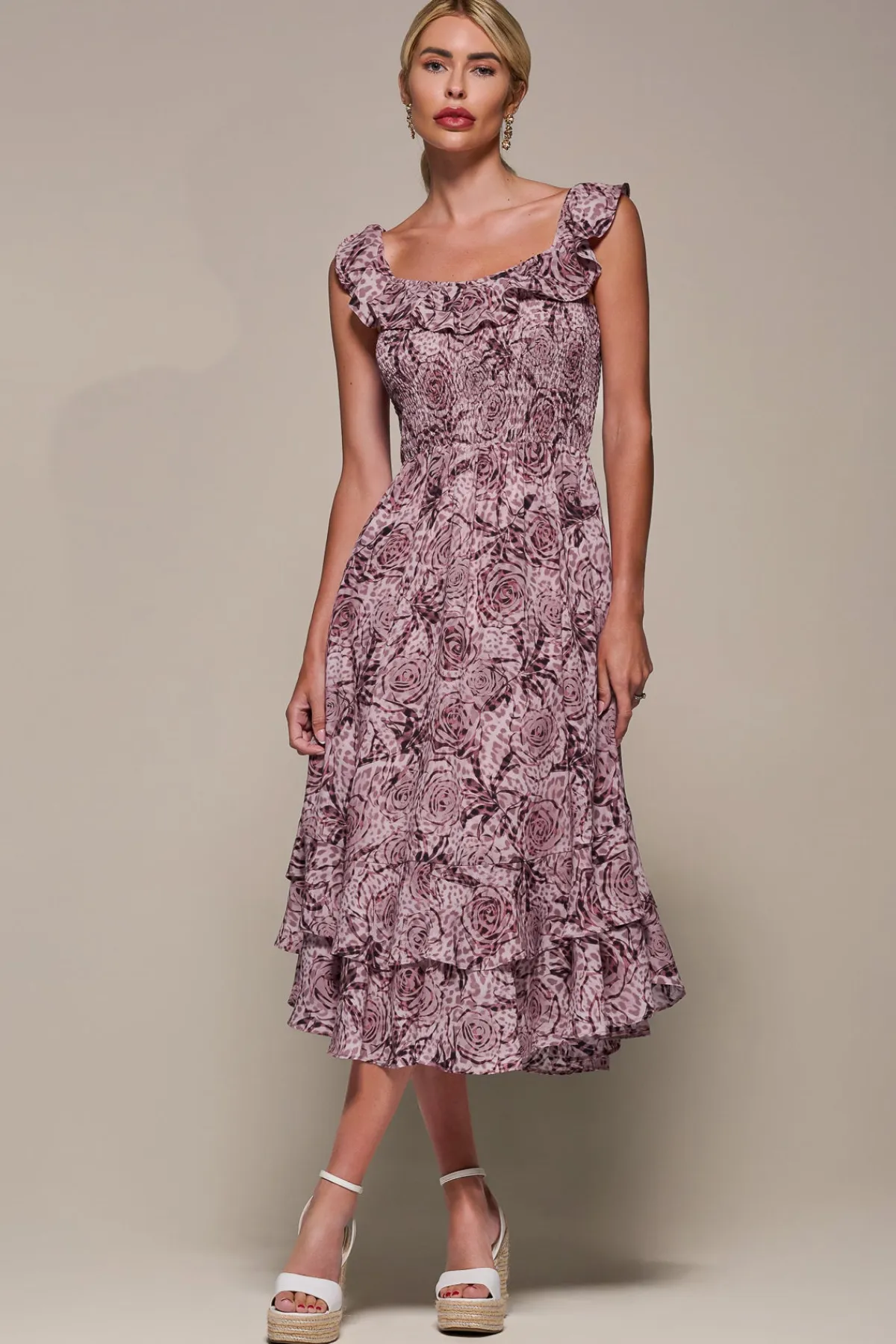 Jolie Moi Occasion Dresses|Sleeveless Dresses-Shirred Ruffle Sleeve Tiered Midi Dress, Pink Abstract