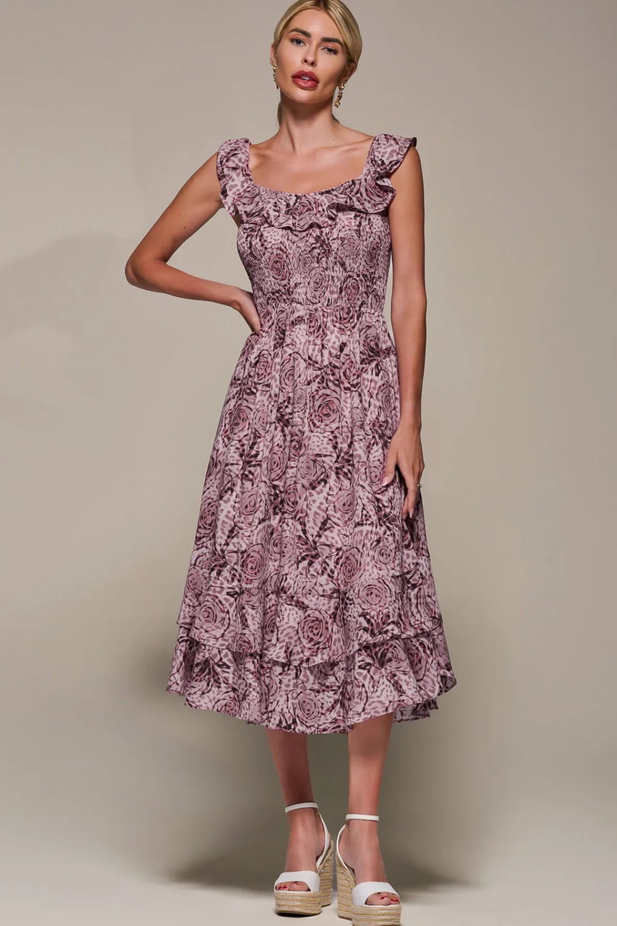 Jolie Moi Occasion Dresses|Sleeveless Dresses-Shirred Ruffle Sleeve Tiered Midi Dress, Pink Abstract