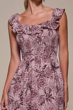 Jolie Moi Occasion Dresses|Sleeveless Dresses-Shirred Ruffle Sleeve Tiered Midi Dress, Pink Abstract