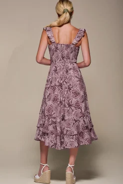 Jolie Moi Occasion Dresses|Sleeveless Dresses-Shirred Ruffle Sleeve Tiered Midi Dress, Pink Abstract