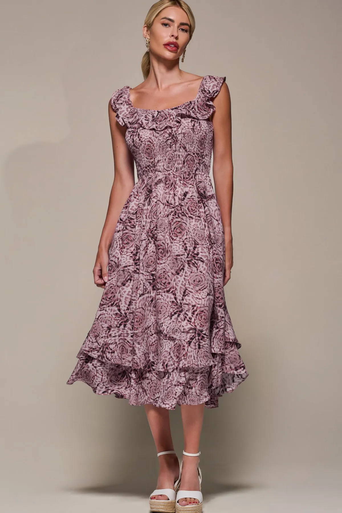 Jolie Moi Occasion Dresses|Sleeveless Dresses-Shirred Ruffle Sleeve Tiered Midi Dress, Pink Abstract