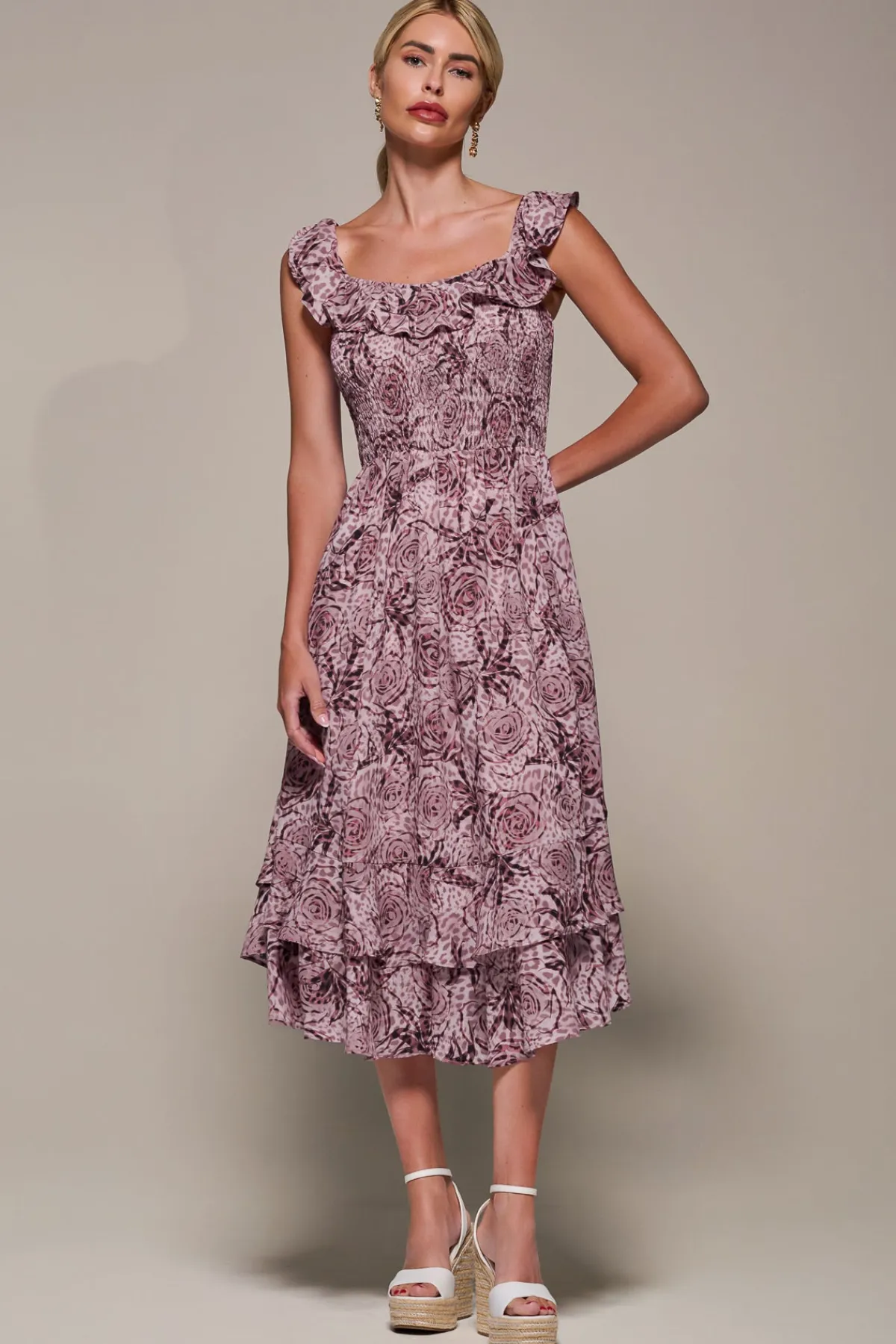 Jolie Moi Occasion Dresses|Sleeveless Dresses-Shirred Ruffle Sleeve Tiered Midi Dress, Pink Abstract