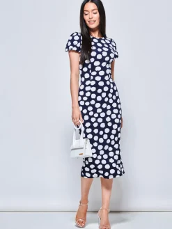Jolie Moi Occasion Dresses|Jersey Dresses-Short Sleeve Jersey Bodycon Midi Dress, Navy Polka Dot