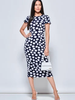 Jolie Moi Occasion Dresses|Jersey Dresses-Short Sleeve Jersey Bodycon Midi Dress, Navy Polka Dot