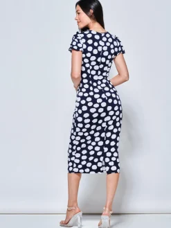Jolie Moi Occasion Dresses|Jersey Dresses-Short Sleeve Jersey Bodycon Midi Dress, Navy Polka Dot