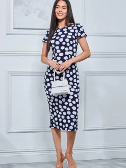 Jolie Moi Occasion Dresses|Jersey Dresses-Short Sleeve Jersey Bodycon Midi Dress, Navy Polka Dot