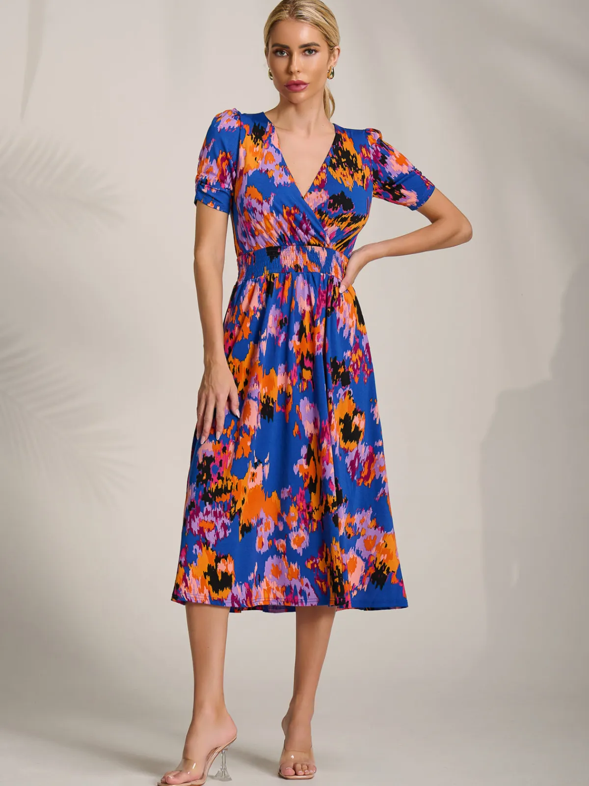 Jolie Moi Occasion Dresses|Jersey Dresses-Short Sleeve Printed Jersey Midi Dress, Blue Abstract