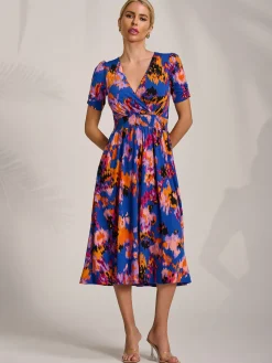 Jolie Moi Occasion Dresses|Jersey Dresses-Short Sleeve Printed Jersey Midi Dress, Blue Abstract