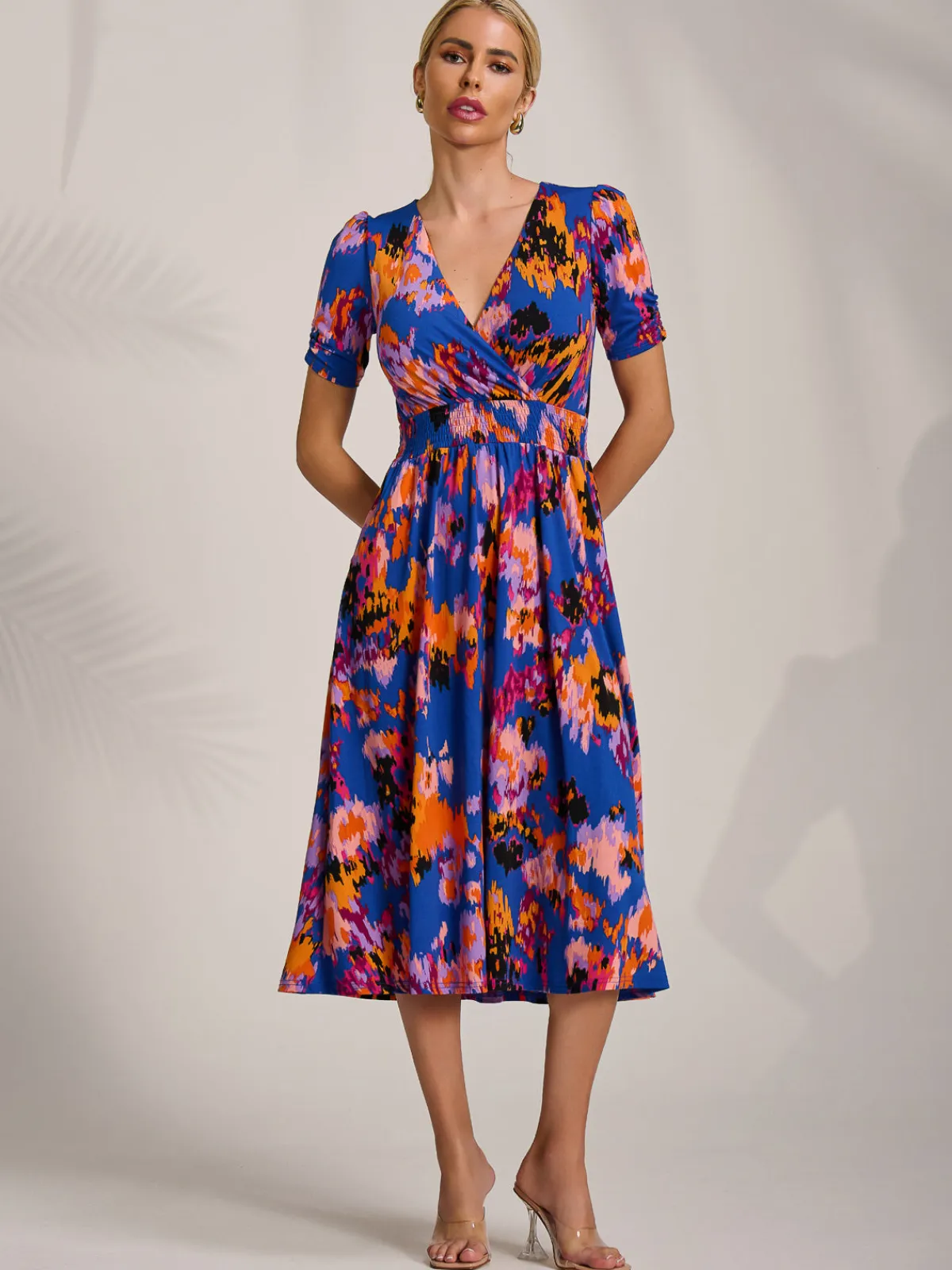Jolie Moi Occasion Dresses|Jersey Dresses-Short Sleeve Printed Jersey Midi Dress, Blue Abstract