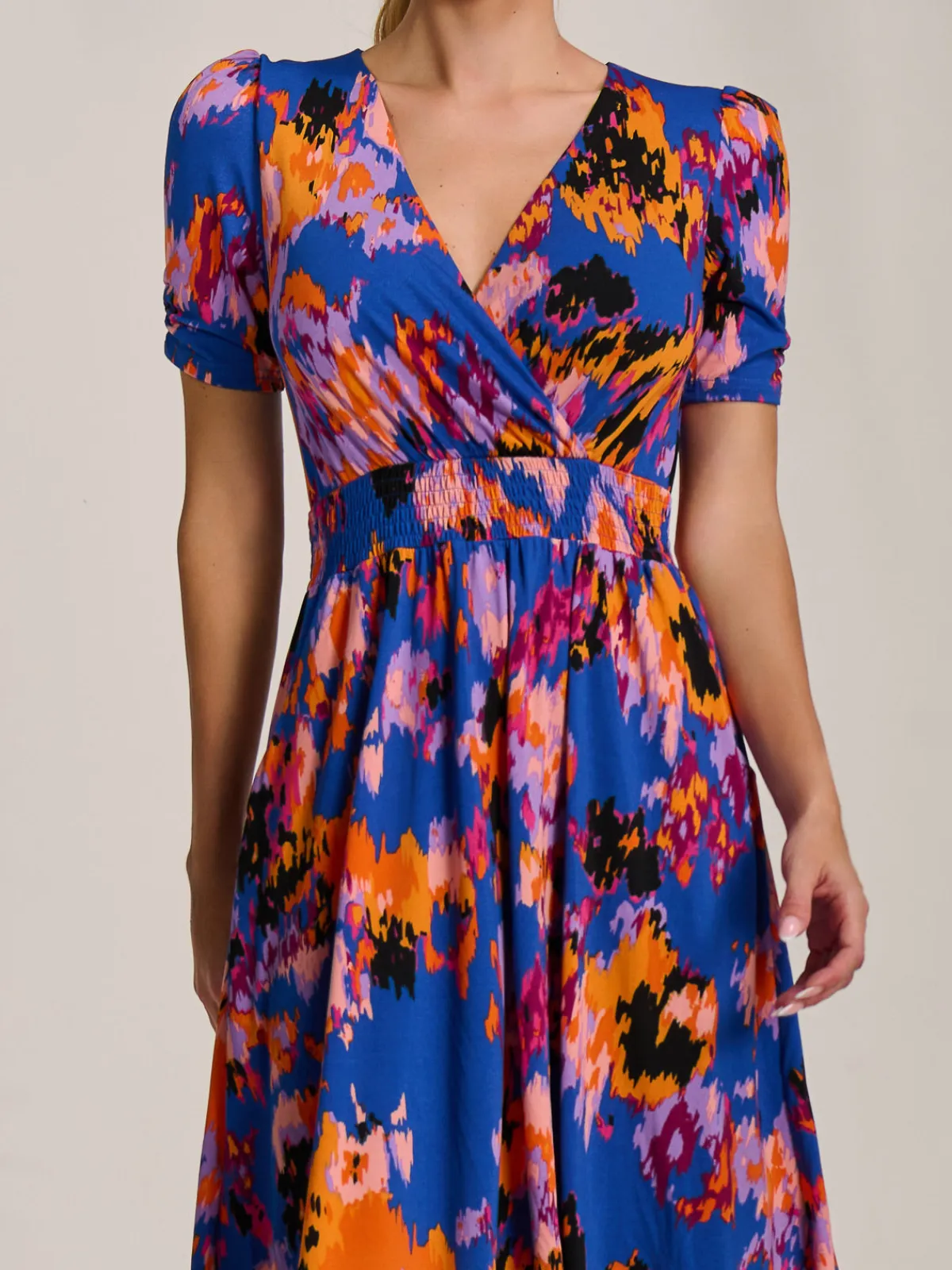 Jolie Moi Occasion Dresses|Jersey Dresses-Short Sleeve Printed Jersey Midi Dress, Blue Abstract