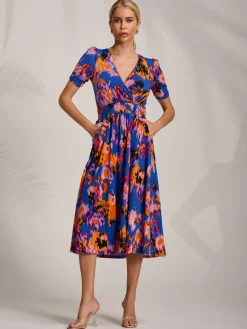 Jolie Moi Occasion Dresses|Jersey Dresses-Short Sleeve Printed Jersey Midi Dress, Blue Abstract