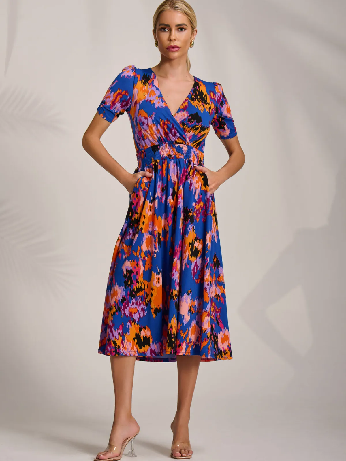 Jolie Moi Occasion Dresses|Jersey Dresses-Short Sleeve Printed Jersey Midi Dress, Blue Abstract