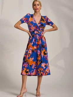 Jolie Moi Occasion Dresses|Jersey Dresses-Short Sleeve Printed Jersey Midi Dress, Blue Abstract