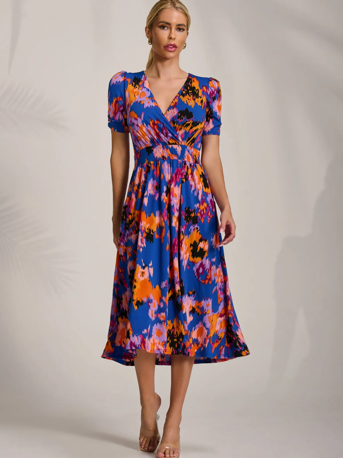 Jolie Moi Occasion Dresses|Jersey Dresses-Short Sleeve Printed Jersey Midi Dress, Blue Abstract