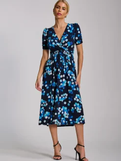 Jolie Moi Occasion Dresses|Jersey Dresses-Short Sleeve Printed Jersey Midi Dress, Blue Spot