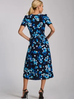 Jolie Moi Occasion Dresses|Jersey Dresses-Short Sleeve Printed Jersey Midi Dress, Blue Spot
