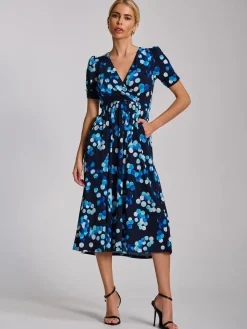 Jolie Moi Occasion Dresses|Jersey Dresses-Short Sleeve Printed Jersey Midi Dress, Blue Spot