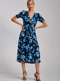 Jolie Moi Occasion Dresses|Jersey Dresses-Short Sleeve Printed Jersey Midi Dress, Blue Spot