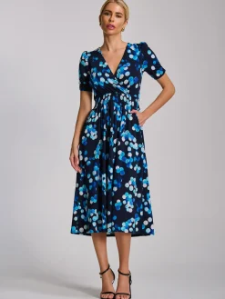 Jolie Moi Occasion Dresses|Jersey Dresses-Short Sleeve Printed Jersey Midi Dress, Blue Spot