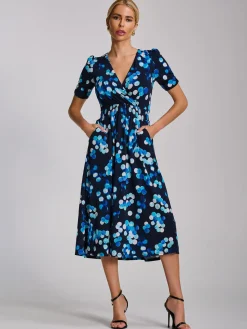 Jolie Moi Occasion Dresses|Jersey Dresses-Short Sleeve Printed Jersey Midi Dress, Blue Spot