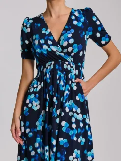 Jolie Moi Occasion Dresses|Jersey Dresses-Short Sleeve Printed Jersey Midi Dress, Blue Spot