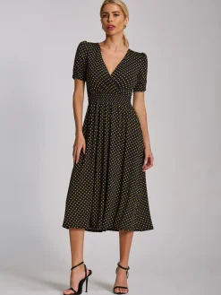 Jolie Moi Jersey Dresses|Office Dresses-Short Sleeve Printed Jersey Midi Dress, Navy Polka Dot