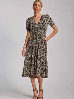 Jolie Moi Jersey Dresses|Office Dresses-Short Sleeve Printed Jersey Midi Dress, Neutral Animal