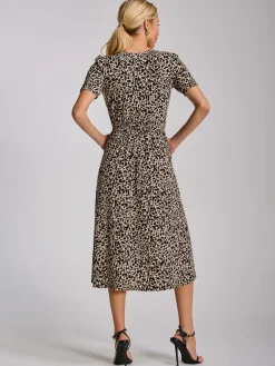 Jolie Moi Jersey Dresses|Office Dresses-Short Sleeve Printed Jersey Midi Dress, Neutral Animal