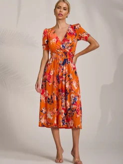 Jolie Moi Occasion Dresses|Jersey Dresses-Short Sleeve Printed Jersey Midi Dress, Orange Abstract