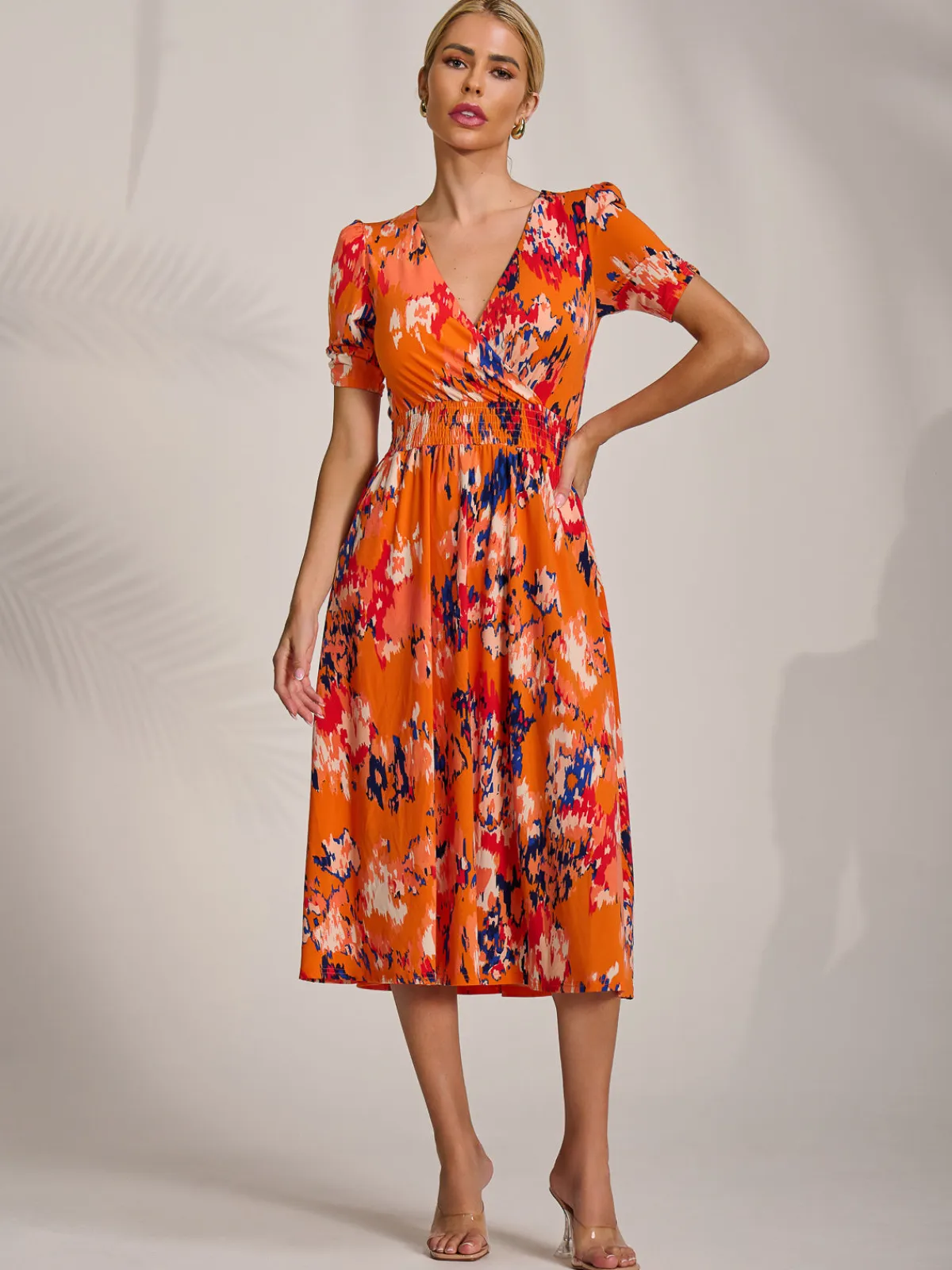 Jolie Moi Occasion Dresses|Jersey Dresses-Short Sleeve Printed Jersey Midi Dress, Orange Abstract