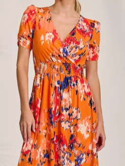Jolie Moi Occasion Dresses|Jersey Dresses-Short Sleeve Printed Jersey Midi Dress, Orange Abstract