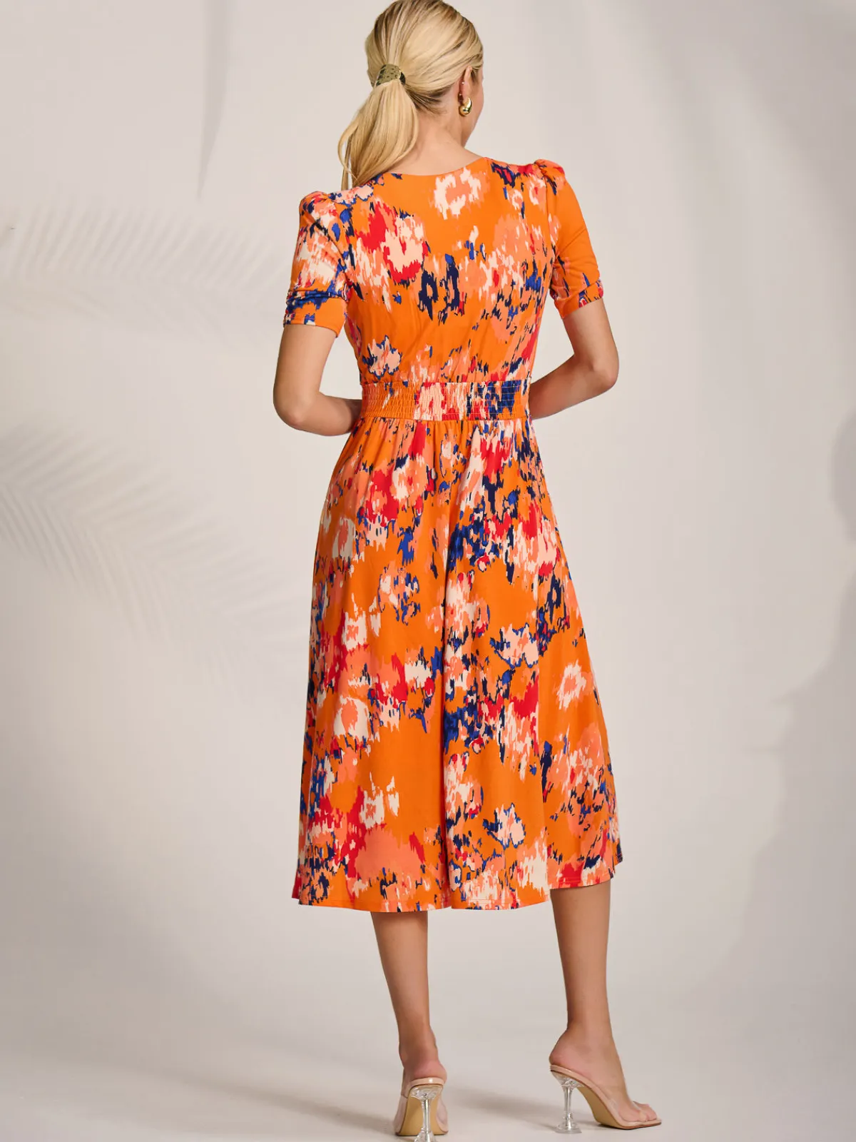 Jolie Moi Occasion Dresses|Jersey Dresses-Short Sleeve Printed Jersey Midi Dress, Orange Abstract