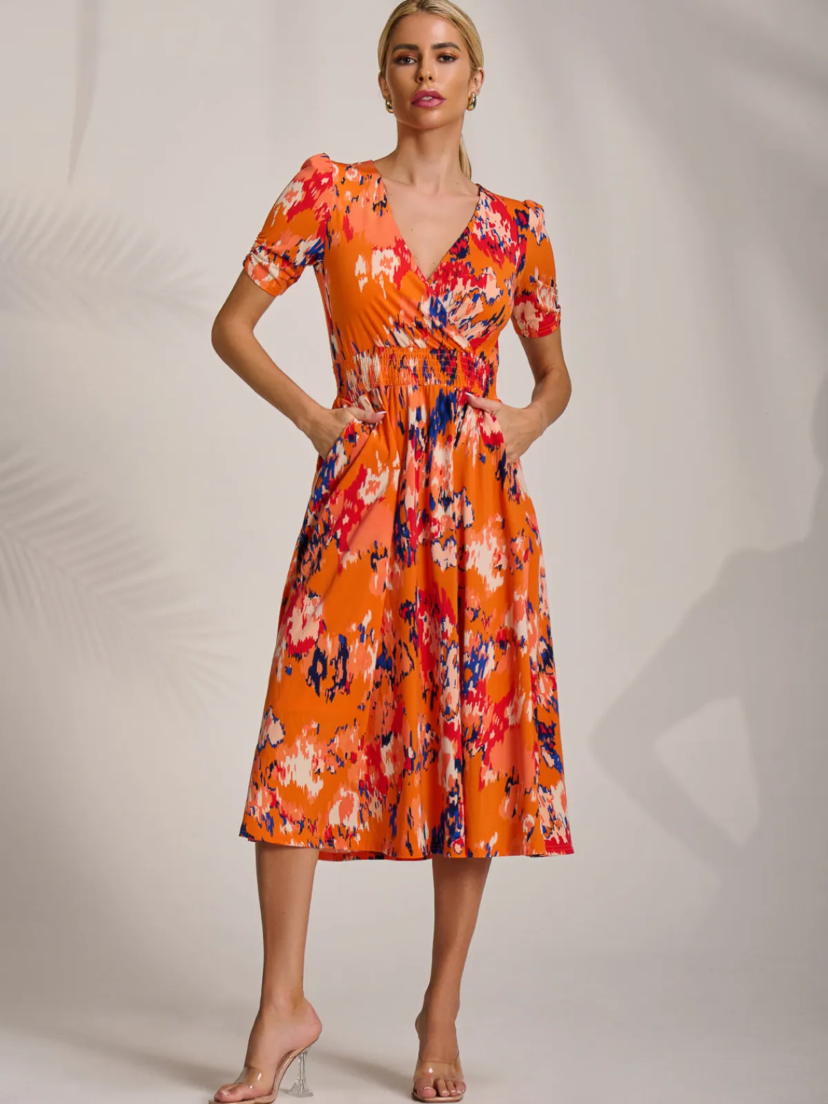 Jolie Moi Occasion Dresses|Jersey Dresses-Short Sleeve Printed Jersey Midi Dress, Orange Abstract