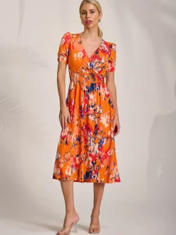 Jolie Moi Occasion Dresses|Jersey Dresses-Short Sleeve Printed Jersey Midi Dress, Orange Abstract