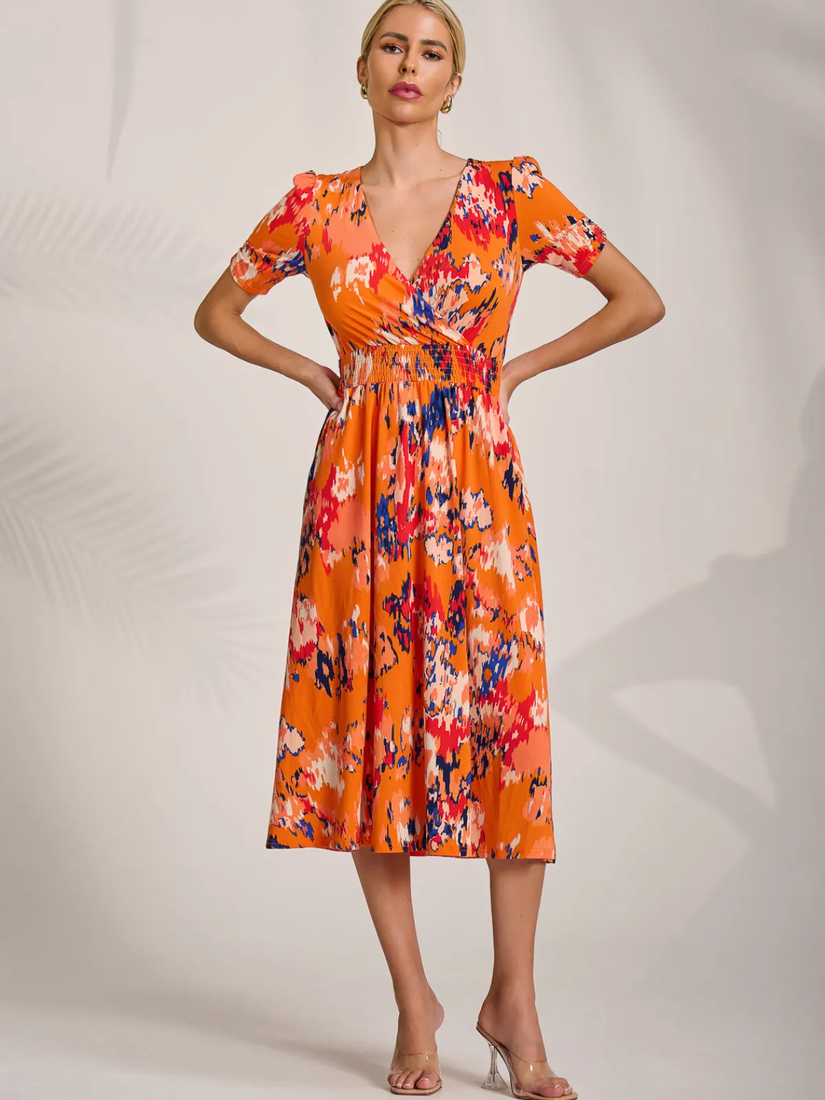 Jolie Moi Occasion Dresses|Jersey Dresses-Short Sleeve Printed Jersey Midi Dress, Orange Abstract