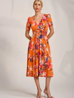 Jolie Moi Occasion Dresses|Jersey Dresses-Short Sleeve Printed Jersey Midi Dress, Orange Abstract