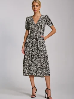 Jolie Moi Jersey Dresses|Weekend Casuals-Short Sleeve Printed Jersey Midi Dress, White Animal