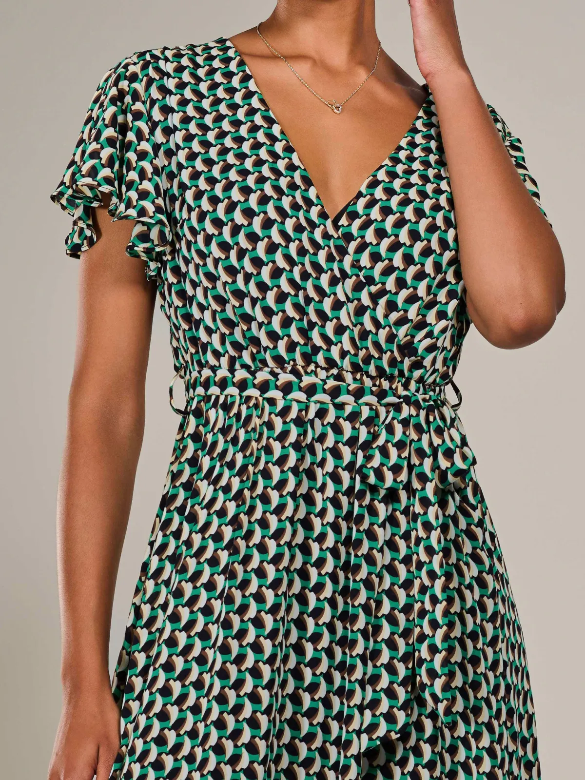 Jolie Moi Office Wear|Midi Dresses-Short Sleeve Side Tie Midi Dress, Green Geo