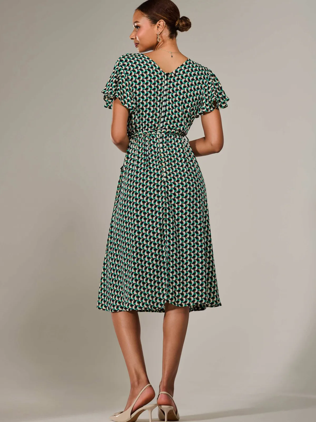 Jolie Moi Office Wear|Midi Dresses-Short Sleeve Side Tie Midi Dress, Green Geo