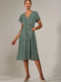 Jolie Moi Office Wear|Midi Dresses-Short Sleeve Side Tie Midi Dress, Green Geo