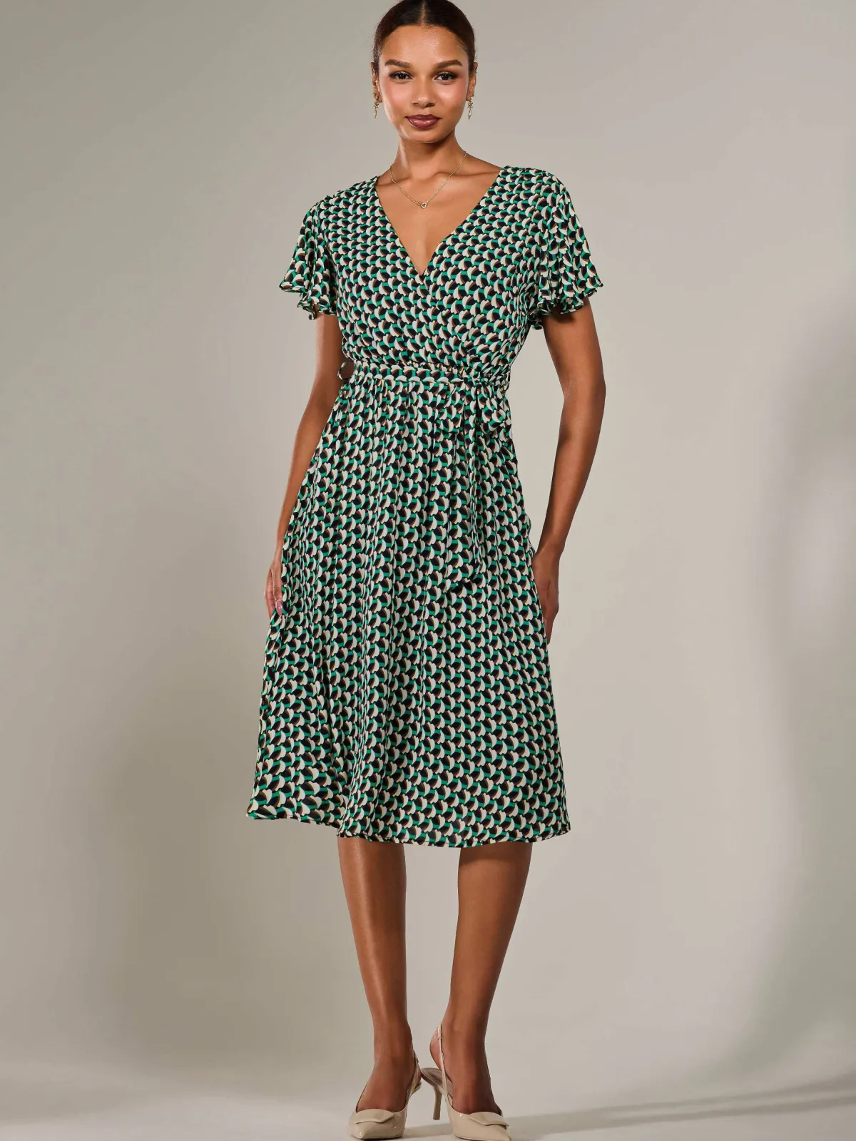 Jolie Moi Office Wear|Midi Dresses-Short Sleeve Side Tie Midi Dress, Green Geo