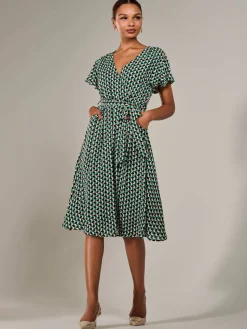 Jolie Moi Office Wear|Midi Dresses-Short Sleeve Side Tie Midi Dress, Green Geo