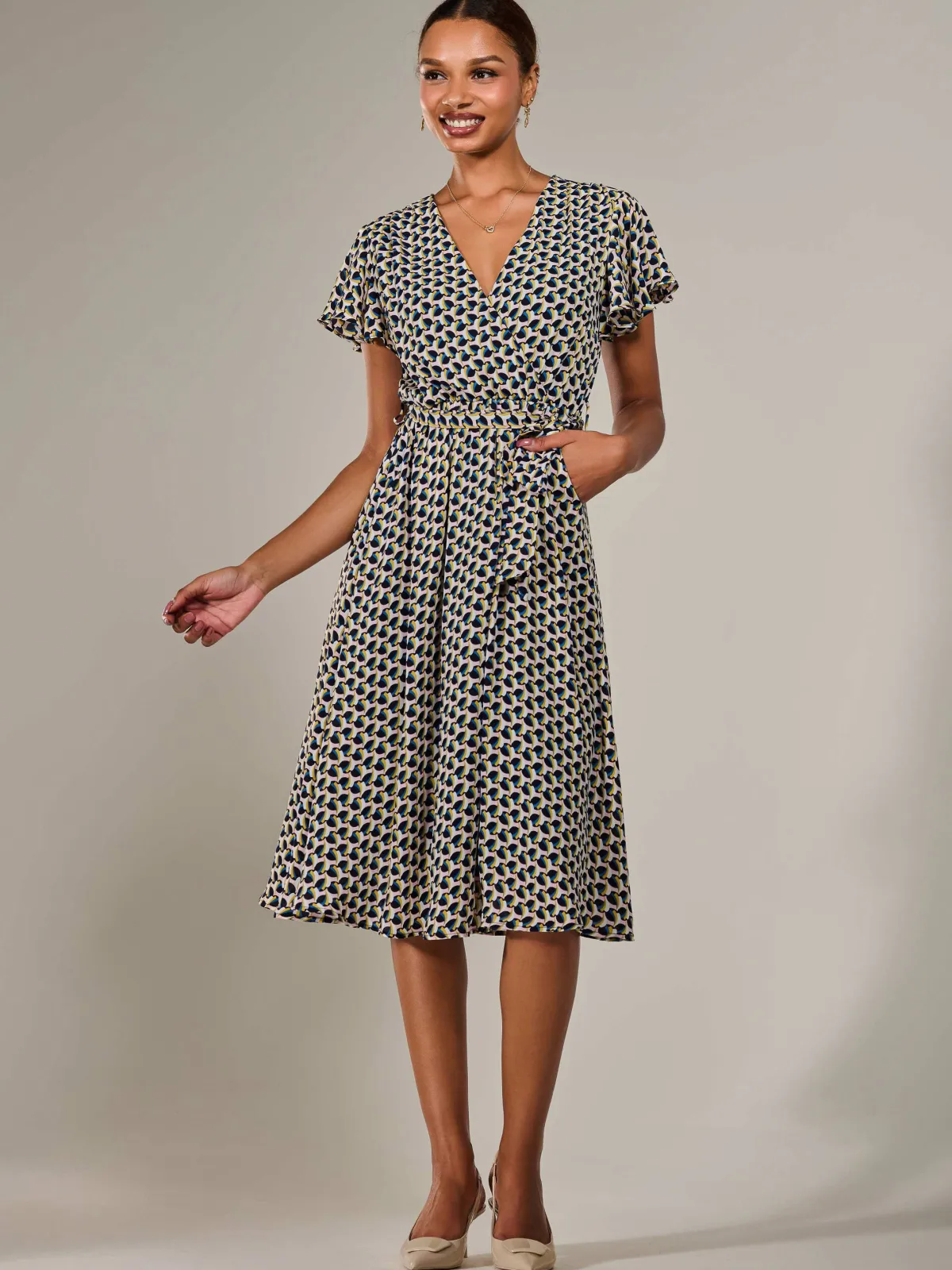 Jolie Moi Occasion Dresses|Weekend Casuals-Short Sleeve Side Tie Midi Dress, Pink Geo