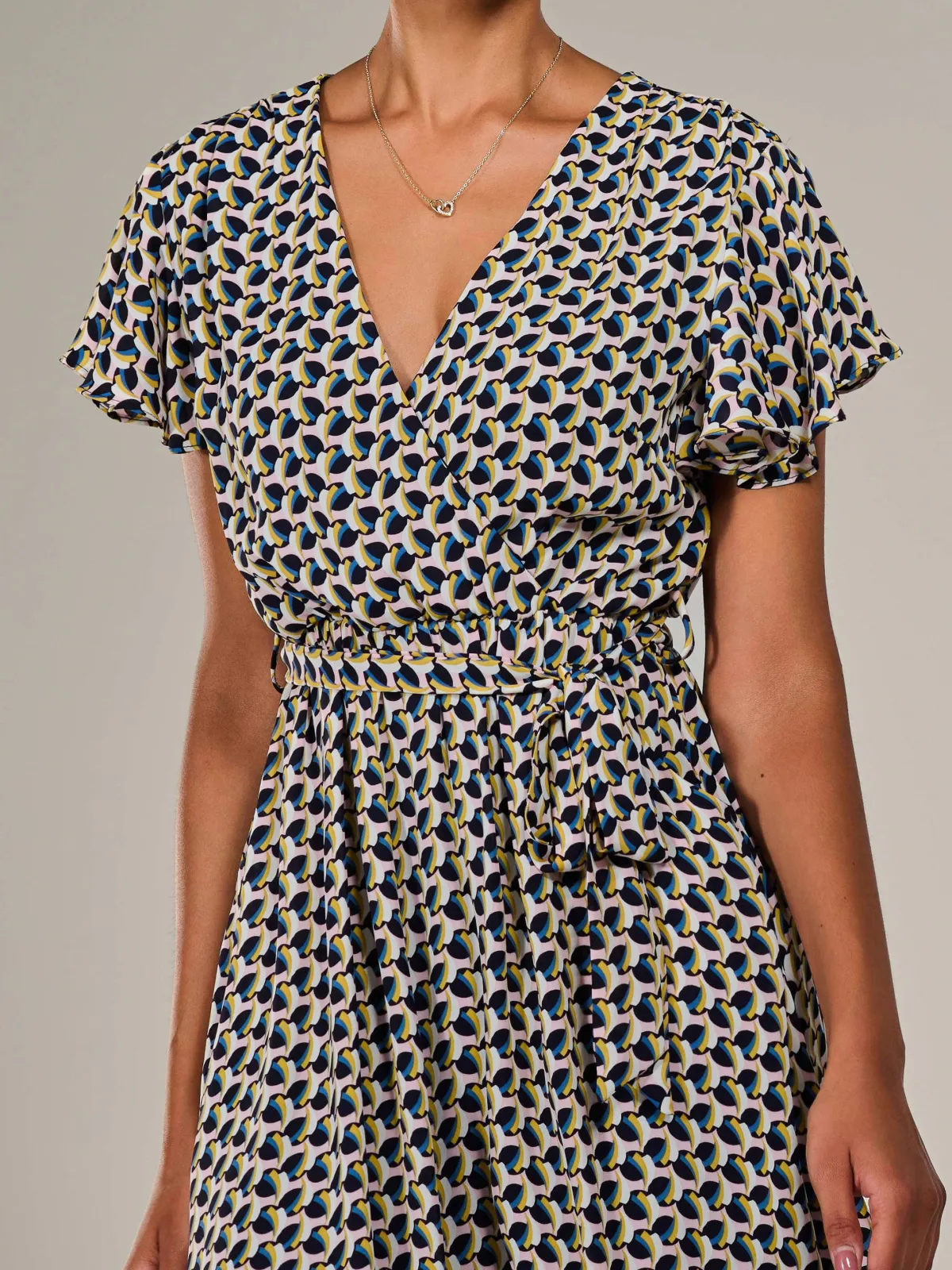 Jolie Moi Occasion Dresses|Weekend Casuals-Short Sleeve Side Tie Midi Dress, Pink Geo