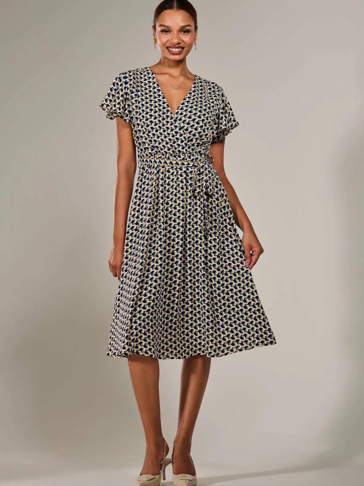 Jolie Moi Occasion Dresses|Weekend Casuals-Short Sleeve Side Tie Midi Dress, Pink Geo