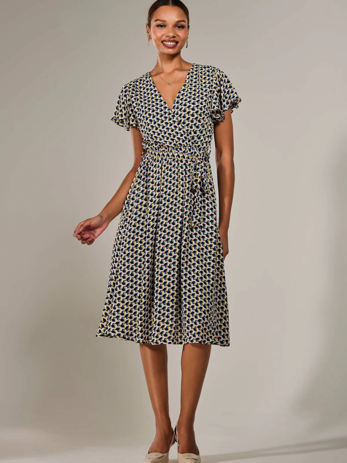 Jolie Moi Occasion Dresses|Weekend Casuals-Short Sleeve Side Tie Midi Dress, Pink Geo