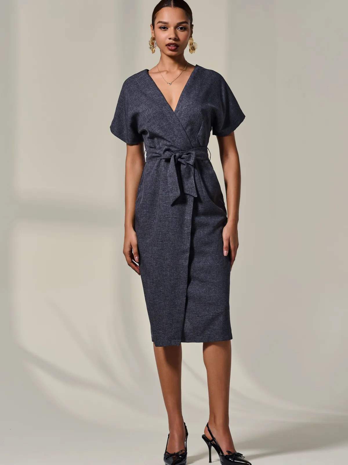 Jolie Moi Occasion Dresses|Wrap Dresses-Short Sleeve Tie Waist Midi Dress, Dark Grey