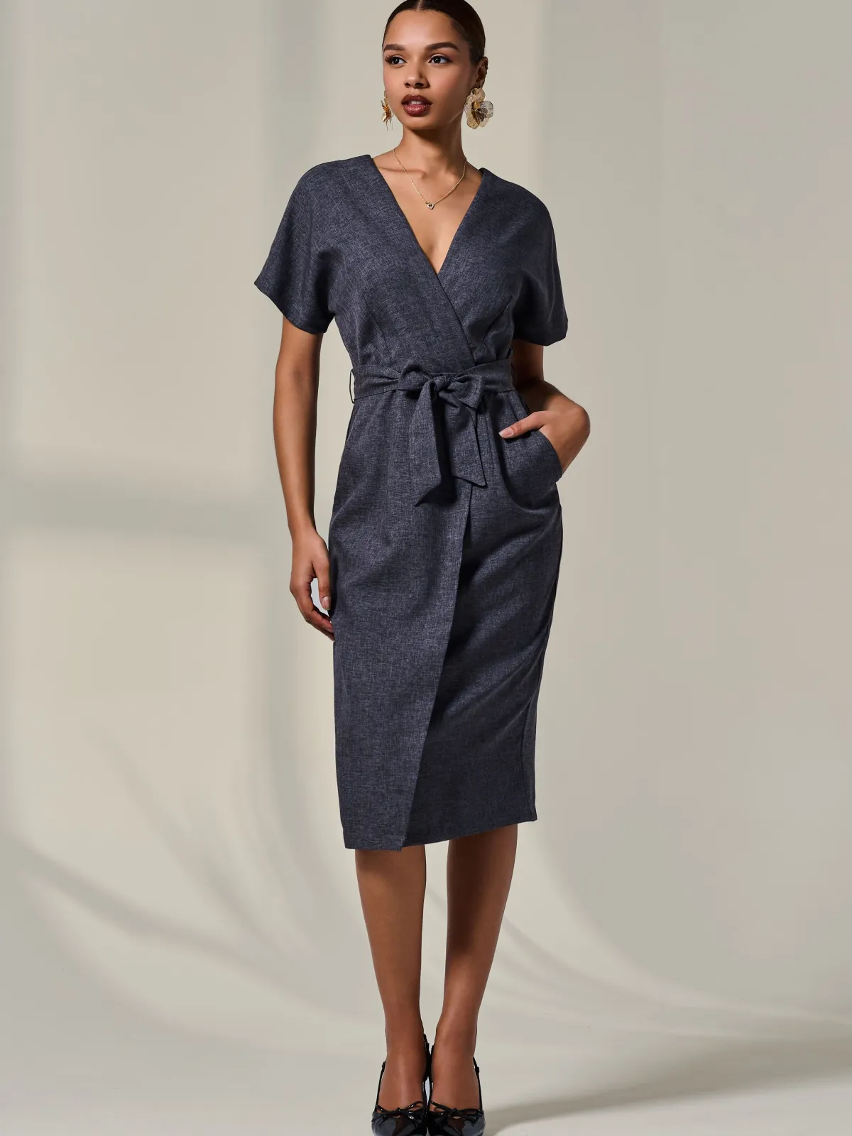 Jolie Moi Occasion Dresses|Wrap Dresses-Short Sleeve Tie Waist Midi Dress, Dark Grey