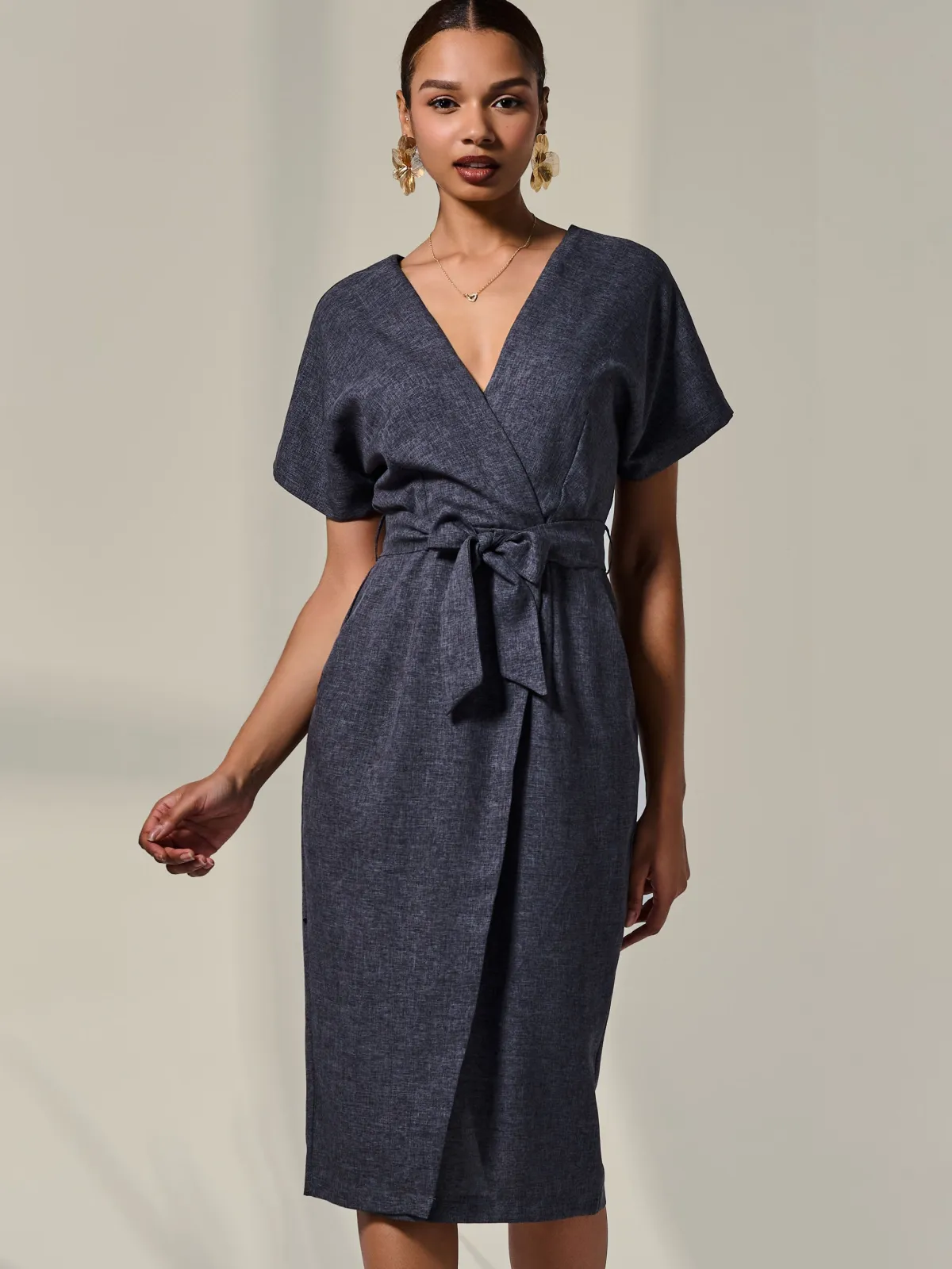 Jolie Moi Occasion Dresses|Wrap Dresses-Short Sleeve Tie Waist Midi Dress, Dark Grey