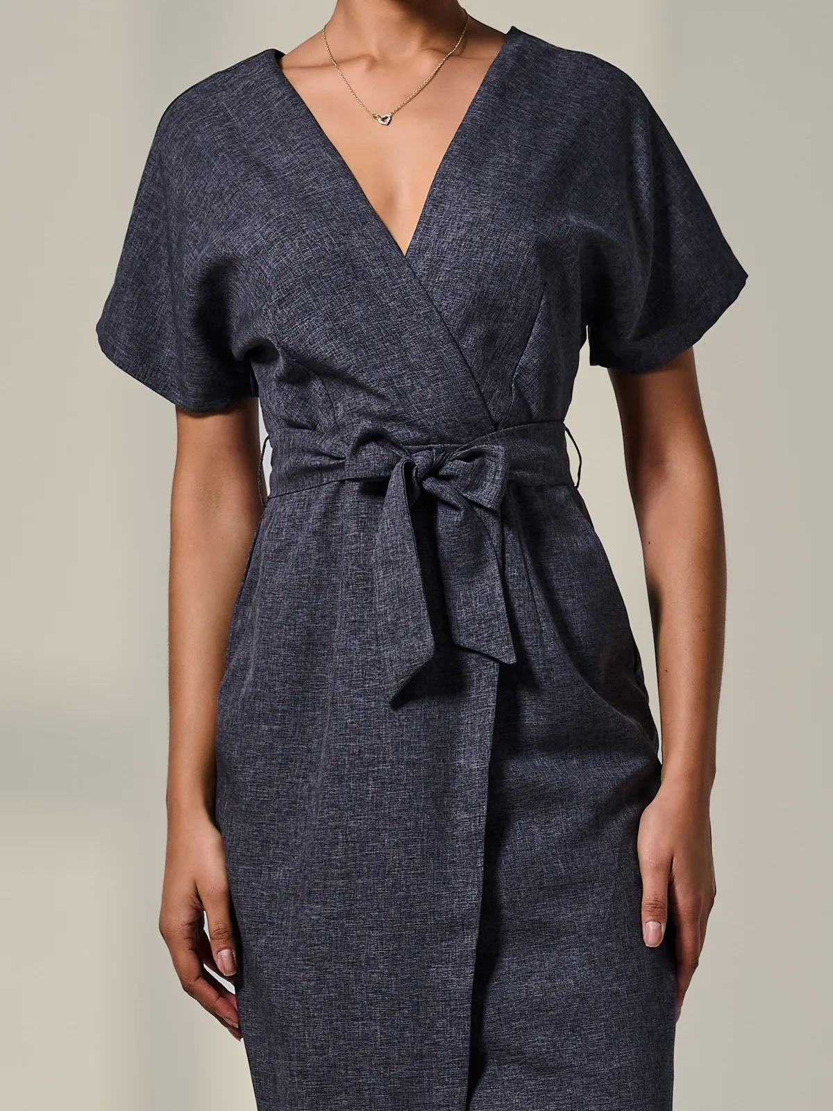 Jolie Moi Occasion Dresses|Wrap Dresses-Short Sleeve Tie Waist Midi Dress, Dark Grey